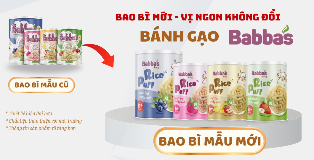 Babba's  thông báo thay đổi bao bì sản phẩm Bánh gạo Babba's và Sữa chua sấy Babba's